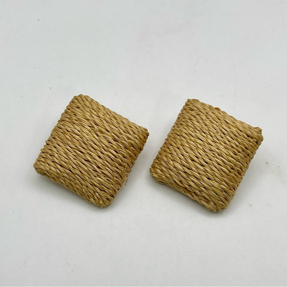 Rustic Jute Square Clip Earrings Statement Boho Vibe Neutral - Picture 8 of 16